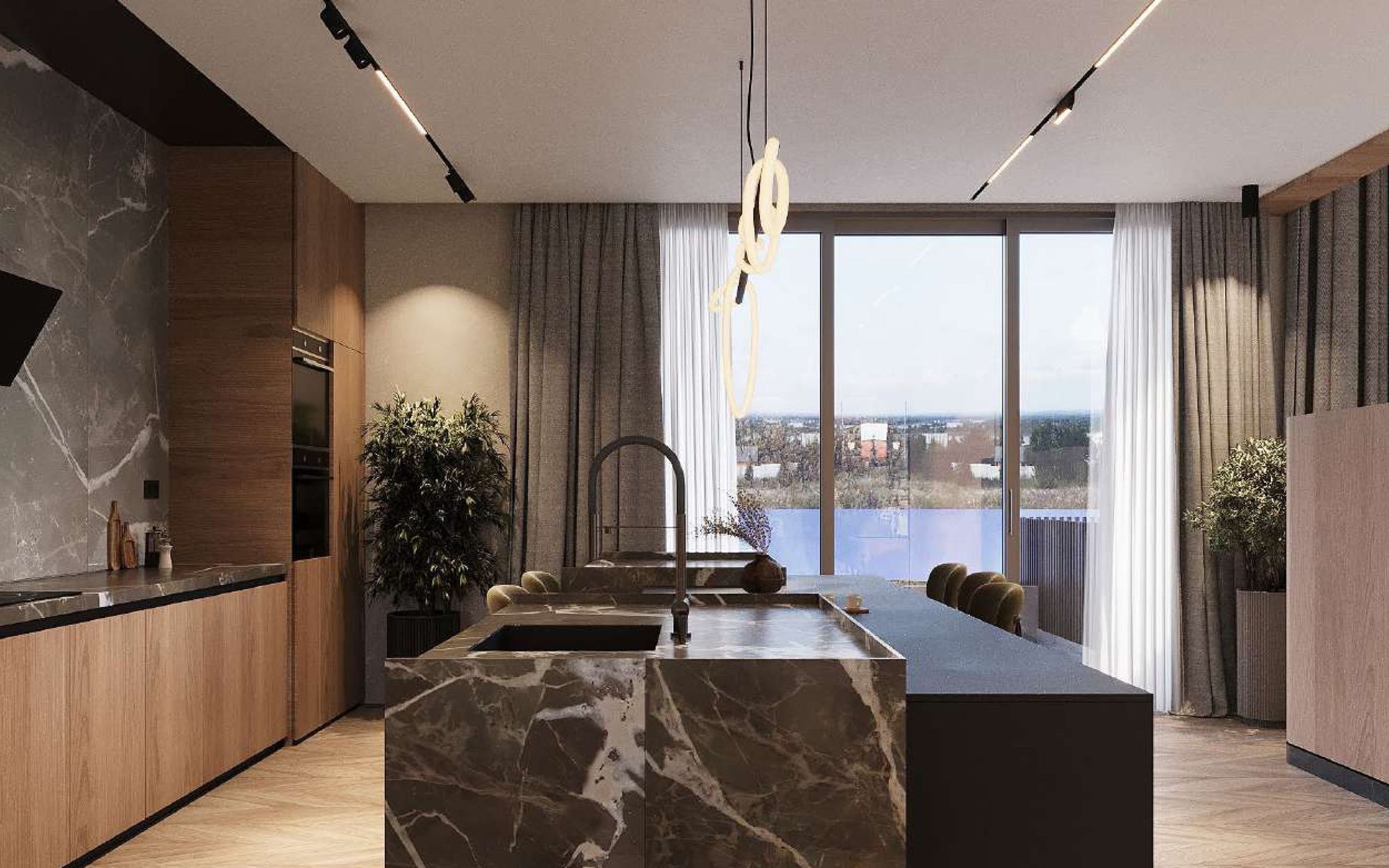 Kitchen with a dark marble island, timber cabinetry and lake views